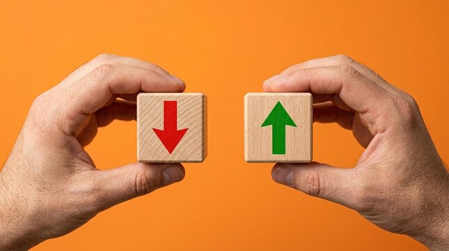 Hands holding wooden blocks with up arrow and down arrow symbols on orange background Represents increase decrease growth decline positive negative trends.