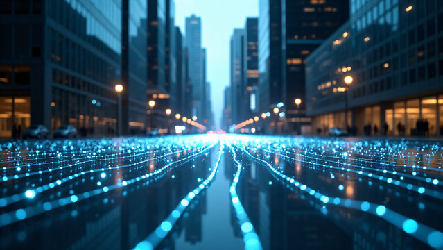 Digital Grid Over Urban Skyline Aerial view of a futuristic cityscape with glowing fiber-optic cables suspended between skyscrapers. Bright white light reflects off