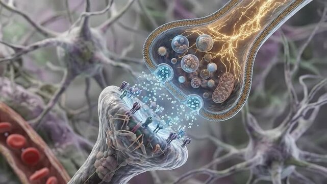 Synapse, transmitting cognitive thought across neuron network pathway, releasing chemical messenger substance including serotonin, dopamine, oxytocin hormone.