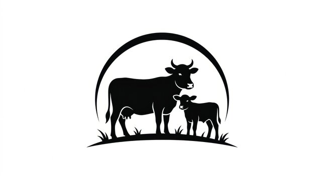 A black and white silhouette illustration of a mother cow and her calf standing together in a grassy field