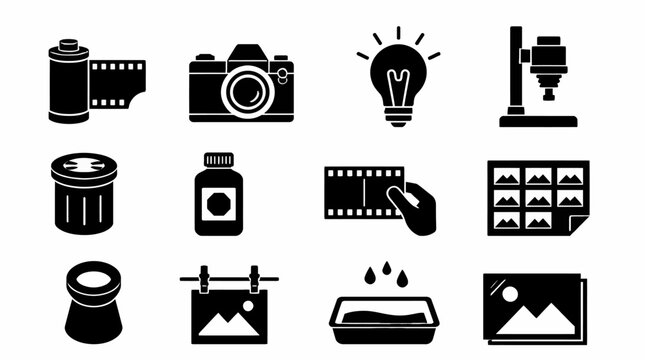 Analog photography and darkroom process icons.