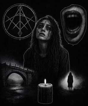 Dark occult ritual with mystical symbols and candlelight. Gothic witchcraft scene featuring eerie pentagram and supernatural elements.