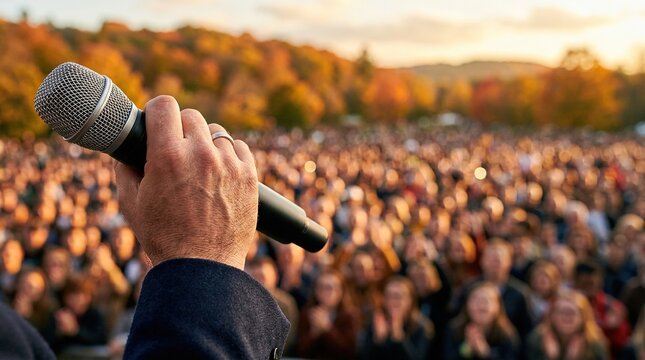 Person hand holding black microphone at large conference with audience blurred in background during presentation event under warm natural sunset lighting outdoors.