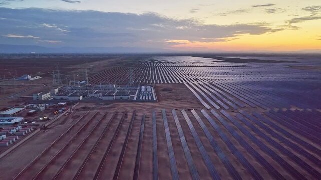 Energy storage station at sunset, new energy, shared power energy, solar photovoltaic power plant