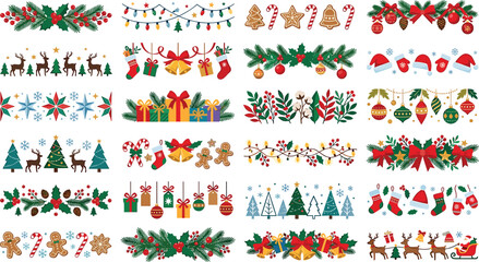 Christmas holiday border divider vector set featuring festive pine garlands fairy lights reindeer gingerbread cookies hanging ornaments and Santa claus sleigh illustrations © MDNUR