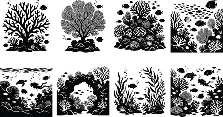Underwater Coral Reef Silhouette Vector Set Featuring Scuba Diver, Sea Turtle, Tropical Fish, and Marine Life Elements © Mst