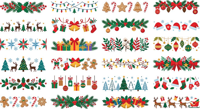 Christmas holiday border divider vector set featuring festive pine garlands fairy lights reindeer gingerbread cookies hanging ornaments and Santa claus sleigh illustrations