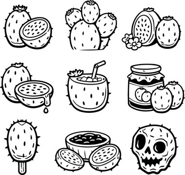 Hand drawn prickly pear fruit collection with juice jam ice pop flowers and skull
