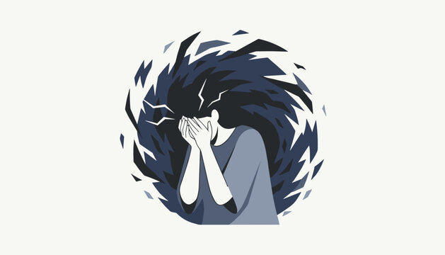 Depressed and anxious woman covering her face with her hands while surrounded by a chaotic dark storm of emotional distress.