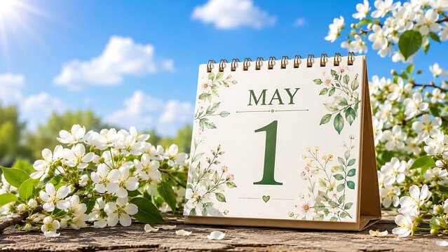 Spring calendar page showing may first day nestled among white blossoms
