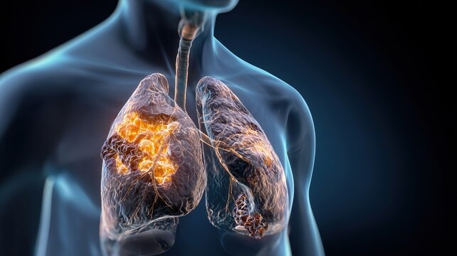 Detailed medical educational illustration depicting lung fibrosis progressive scarring of pulmonary tissue, chronic interstitial lung disease concept, damaged respiratory organ anatomy diagram explain