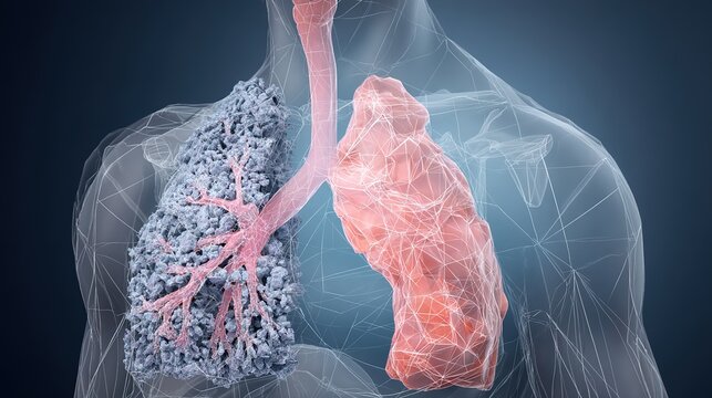 Detailed medical educational illustration depicting lung fibrosis progressive scarring of pulmonary tissue, chronic interstitial lung disease concept, damaged respiratory organ anatomy diagram explain