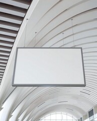 Fototapeta premium Blank white signboard on modern curved ceiling architecture. Empty display panel for digital advertising or corporate branding in futuristic interior.