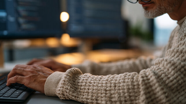 A DevOps engineer's close up hands hover over a keyboard in a hospital IT room, code reflected in glasses, screens showing infrastructure dashboards, the quiet urgency of keeping