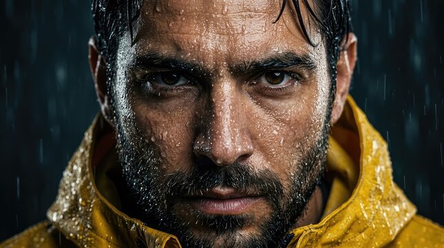 Close-up portrait of a determined man wearing a yellow raincoat in heavy rain during a storm at night with portrait