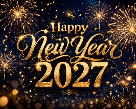 Elegant Happy New Year 2027 text with shimmering gold letters and vibrant fireworks in dark sky