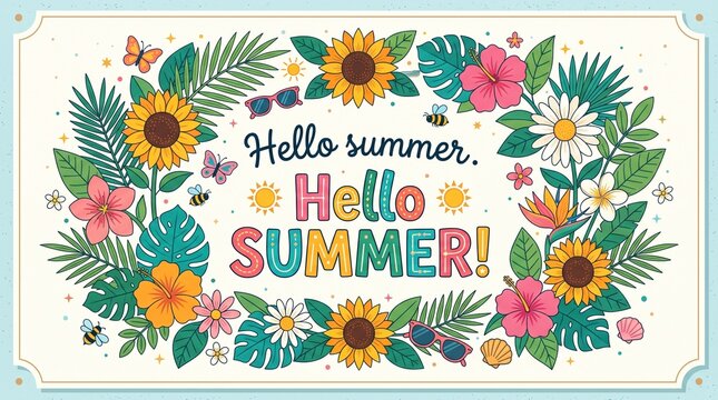 Hello Summer floral greeting card. Tropical flower wreath with seasonal typography design.