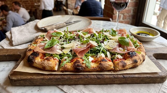 Prosciutto pizza on wooden board. Fresh arugula pizza with parmesan in a restaurant.