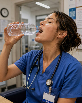 Sweaty female nurse in blue medical scrubs drinking bottled water during a break in a hospital under bright fluorescent lighting