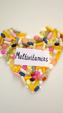 Various tablets and capsules, supplements and vitamins. Selective focus.