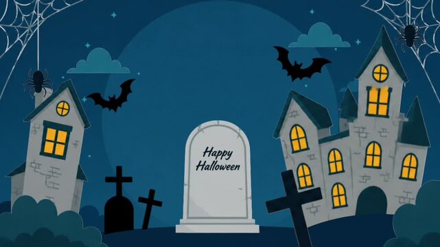 Happy Halloween Graveyard Animation with Haunted Houses, Tombstones and Bats on Night Background | Spooky Motion Graphic