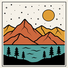 Obraz premium Vintage retro mountain landscape t-shirt design vector illustration featuring mountains, lake, pine trees, full moon, and starry sky in badge style.