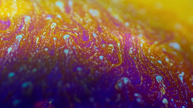 Macro shot of iridescent soap bubble surface showing dynamic fluid interference patterns in vibrant colorful hues
