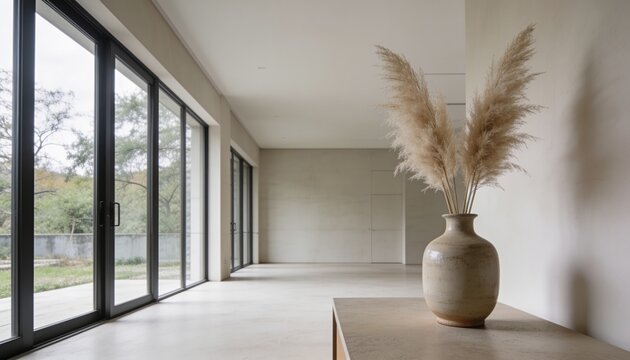 Displaying glazed ceramic vase with pampas grass on low console by sliding glass doors, copy space