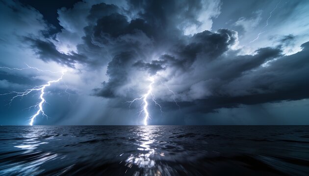 Striking central lightning bolt illuminating storm clouds at sea, with rain shafts and reflection