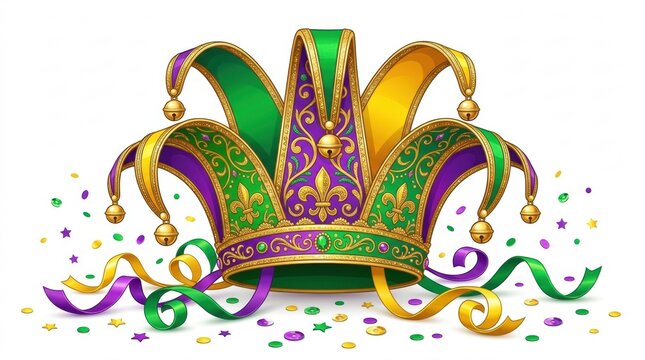 A festive mardi gras jester crown decorated with colorful jewels and gold trim surrounded by scattered confetti and ribbons