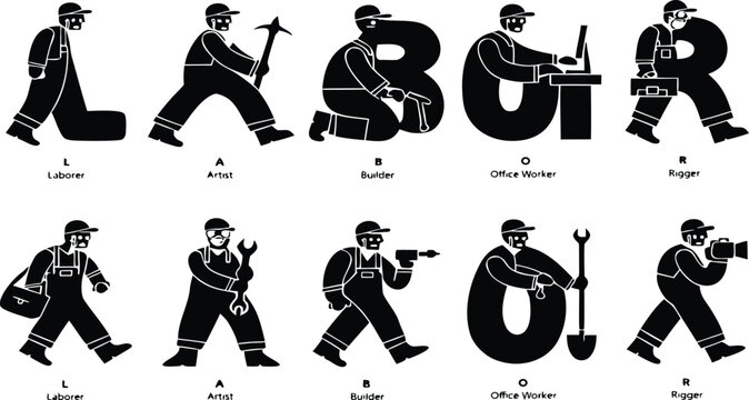 Labor typography featuring human silhouettes as letters and workers background