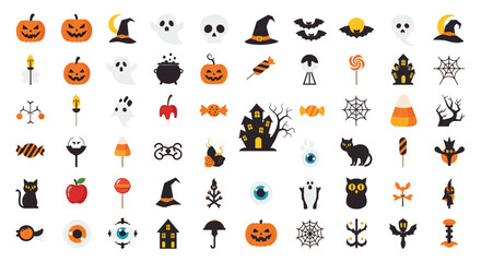 Obraz premium Large set of colorful Halloween icons featuring pumpkins, ghosts, bats, skulls, witch hats, candies, and spooky houses for festive designs.