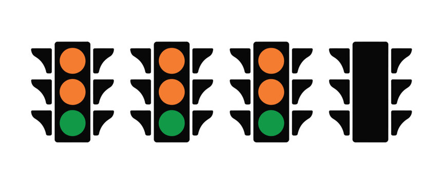 Traffic Light icon set featuring traffic signal symbols, road control signs and silhouette designs for transportation vector illustration