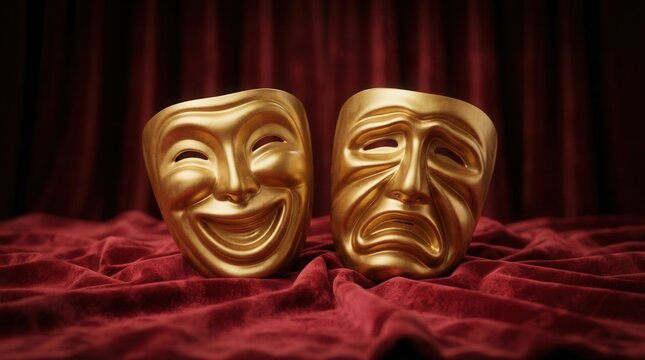 Two gold theatre masks on red velvet curtain symbolizing comedy and tragedy drama performance.