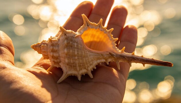 Holding spiny spiral seashell in adult palm at shoreline during golden hour, bokeh reflections