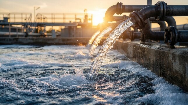 Water flows from pipes into aeration tanks at wastewater treatment facility during sunset with purification bubbles.