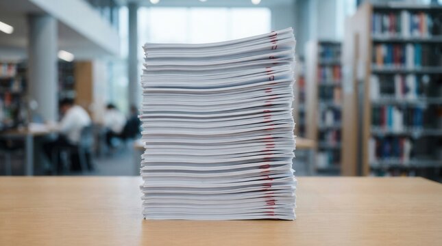 A stack of research papers in a library featuring medical journals, scientific articles, and academic documents.