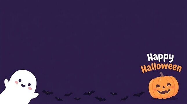 Cute ghost and pumpkin with happy halloween text on a dark purple background