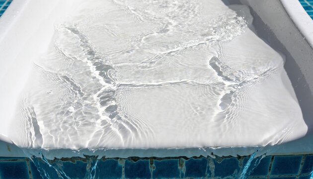Flowing white scupper ledge sending shallow water across pool edge, showing ripples and blue tile