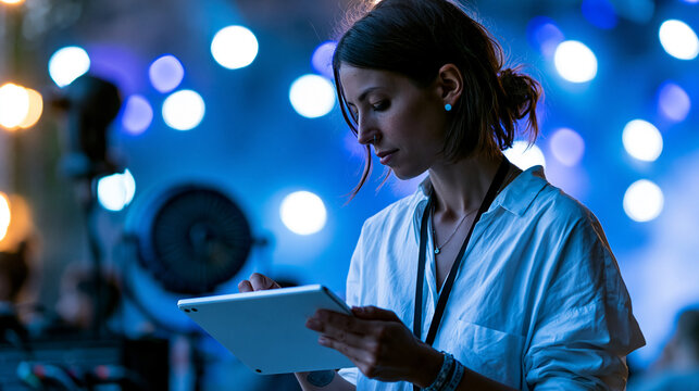 Faceless female event coordinator with a tablet reviewing show setup on an illuminated concert stage, event management, stage production, concert setup, event coordinator,
