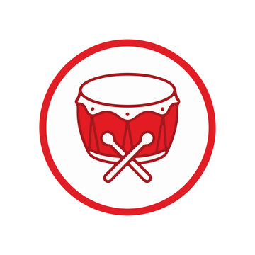 Red drum and drumsticks vector icon symbol, musical instrument graphic element for design