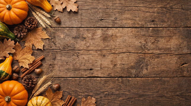 Thanksgiving Autumn Harvest Day pumpkins cinnamon sticks pine cones and colorful fall leaves arranged as a left border on rustic wood table background with copy space