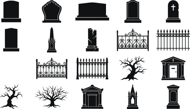 Collection of black silhouette icons featuring various tombstones gravestones cemetery fences and spooky dead trees for halloween designs