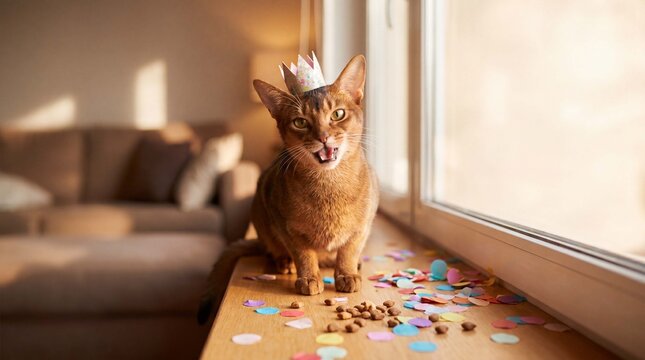 An Abyssinian cat in a tiny party crown makes a goofy face among confetti and crunchy treats on a windowsill, ideal for fun International Cat Day social visuals