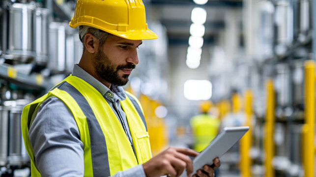 Faceless factory foreman in a yellow hard hat and safety vest inspecting the industrial plant floor while holding a tablet, factory foreman, plant inspection, safety vest,