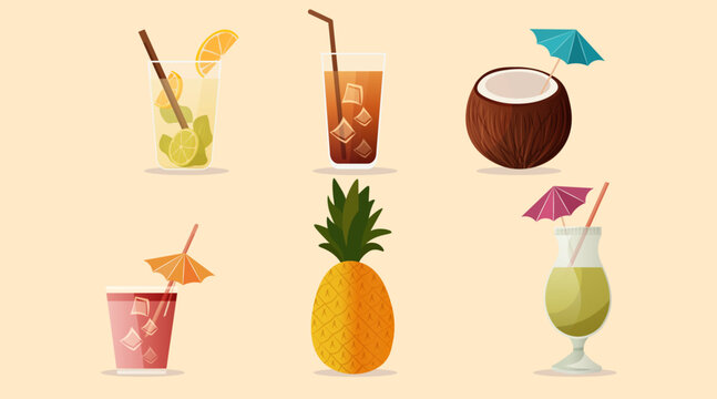 Summer drinks tropical cocktails coconut pineapple lemonade iced tea umbrella garnish pastel background beverage collection