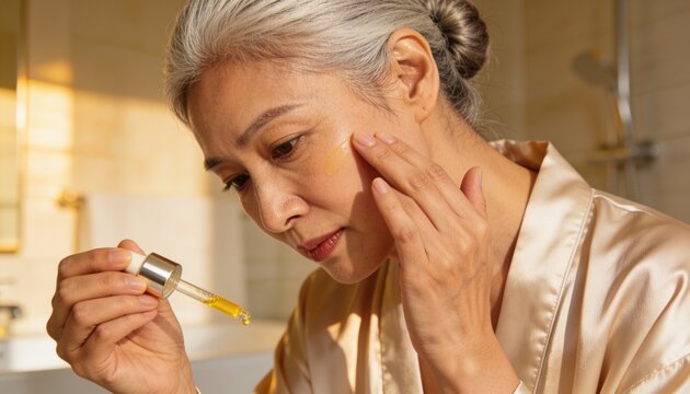 Applying senior Asian woman gently pressing golden serum into cheek at bathroom vanity, satin robe