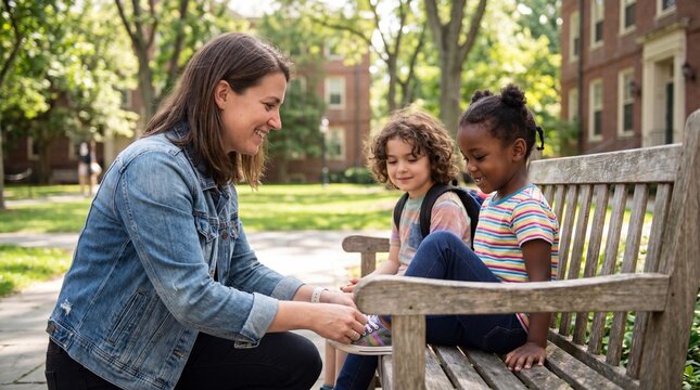 A kind teacher ties a young student's shoe while another child waits nearby on a campus bench for a back to school learning moment