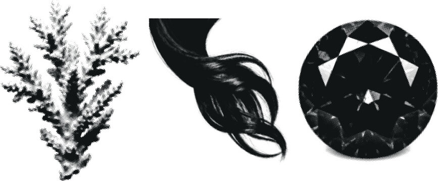 Halfone pattern abstract composition with monochrome botanical fragment and dark gem