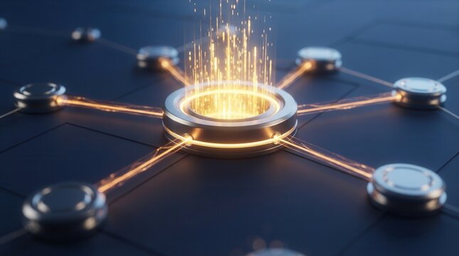 A technology concept of data flow and communication showing a glowing central hub in a digital network grid.